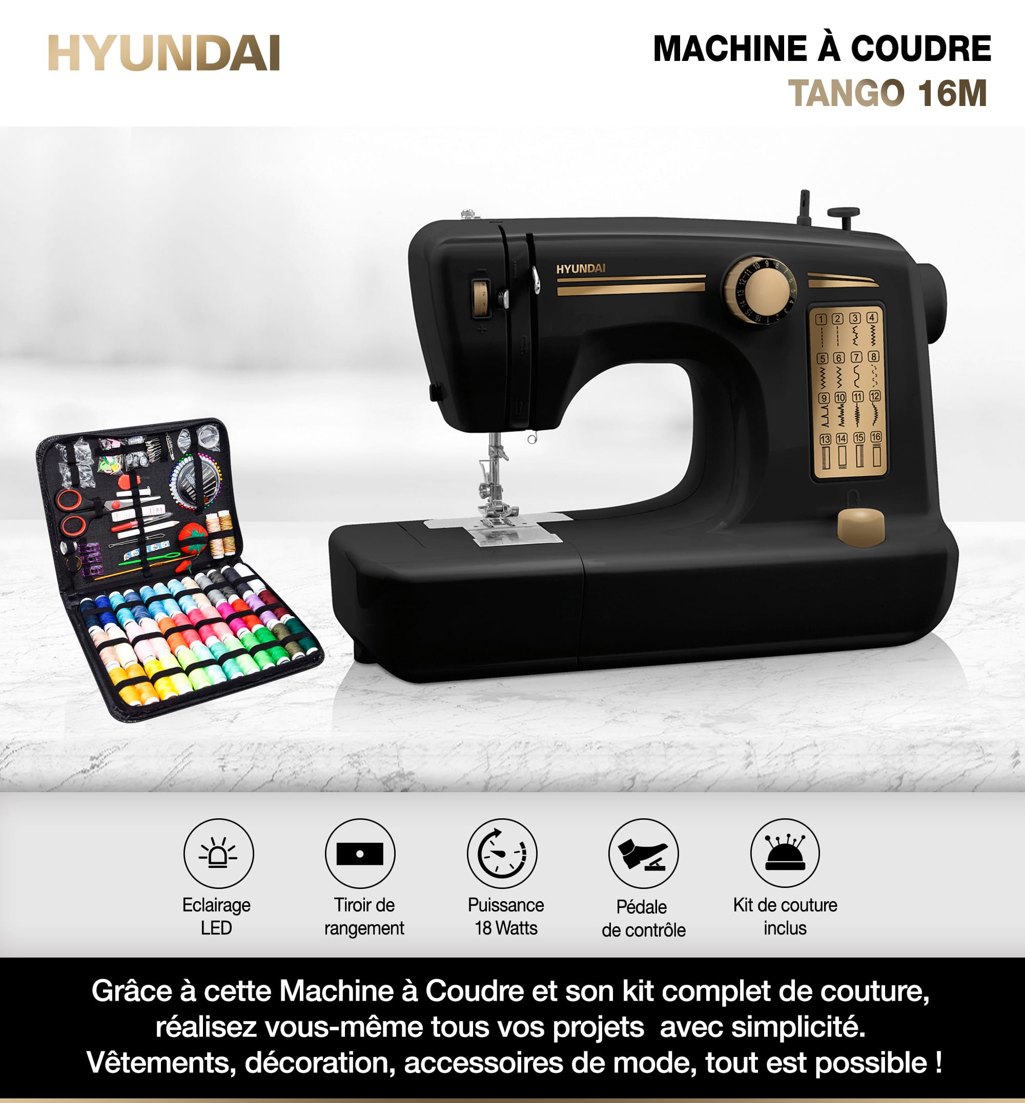 Hyundai - Machine à coudre 16 points Fonction boutonnière kit de couture  inclus au meilleur prix