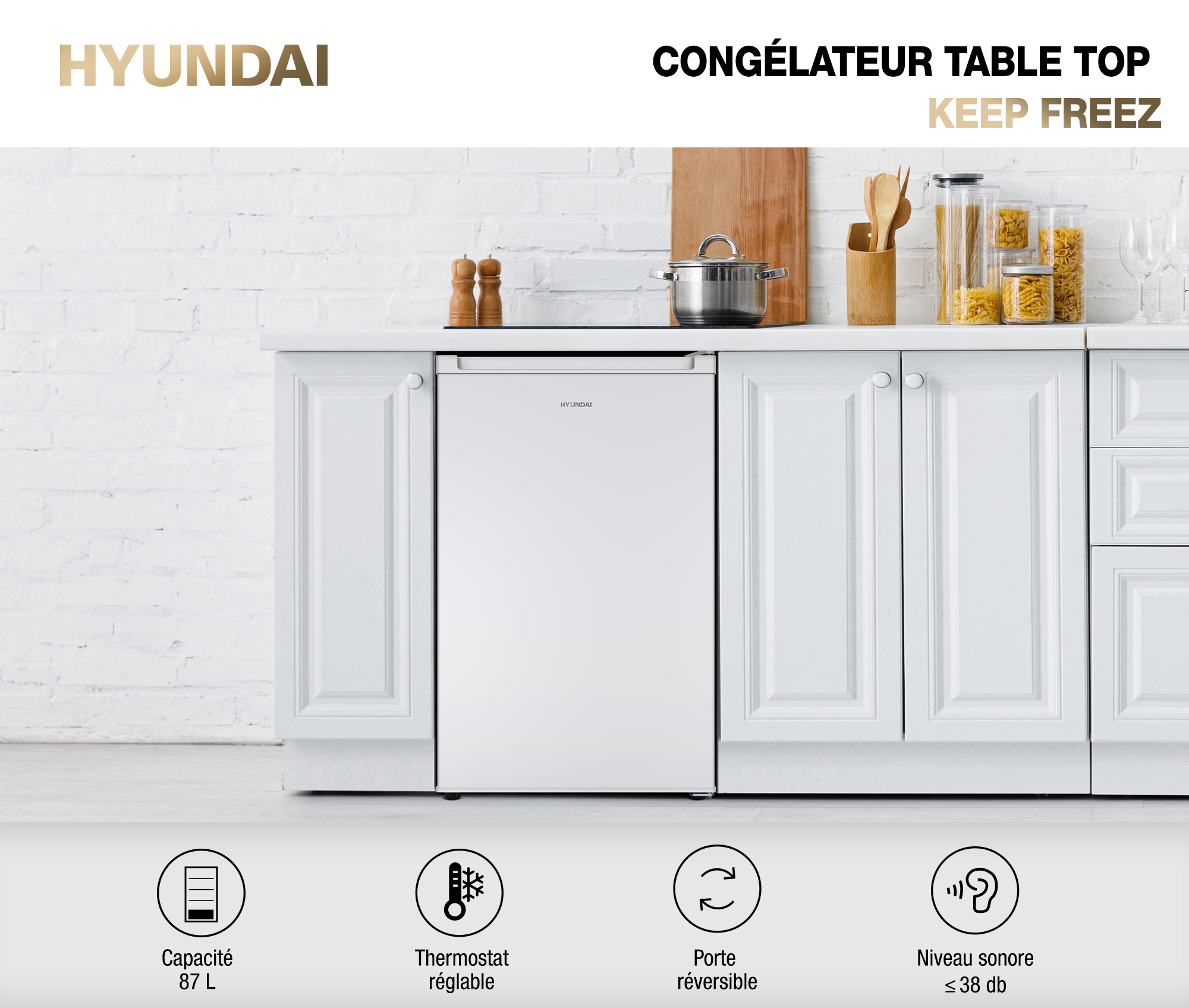 Congélateur top Hyundai - Congélateur 4* - 87L - 3 bacs Congélation :  3,5kg/18h pieds ajustables